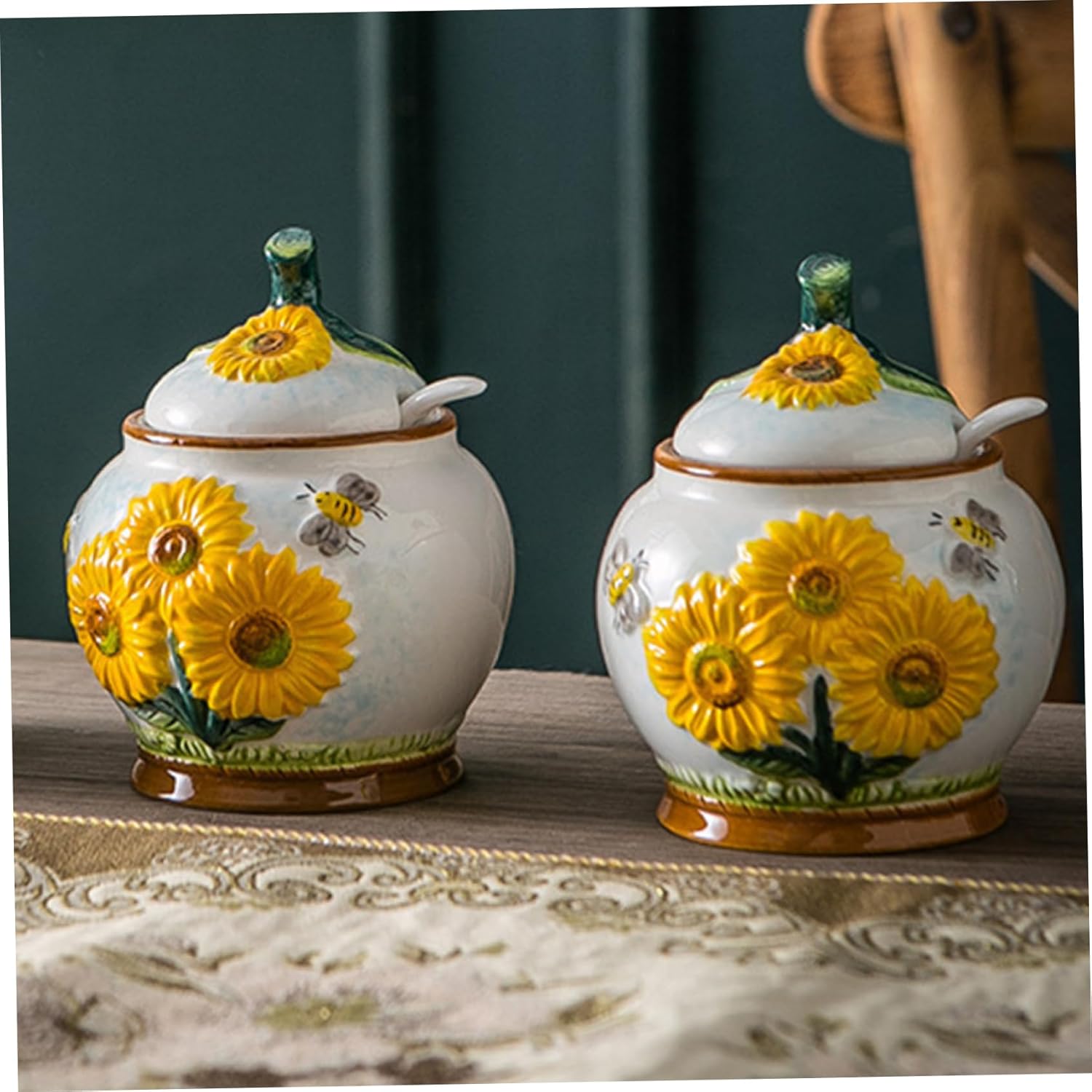 Sugar Container, Embossed Sunflower and Bee Sugar Bowl with Lid And Spoon, 4x4.7 Ceramic Bowl for Kitchen Countertop, Coffee Bar