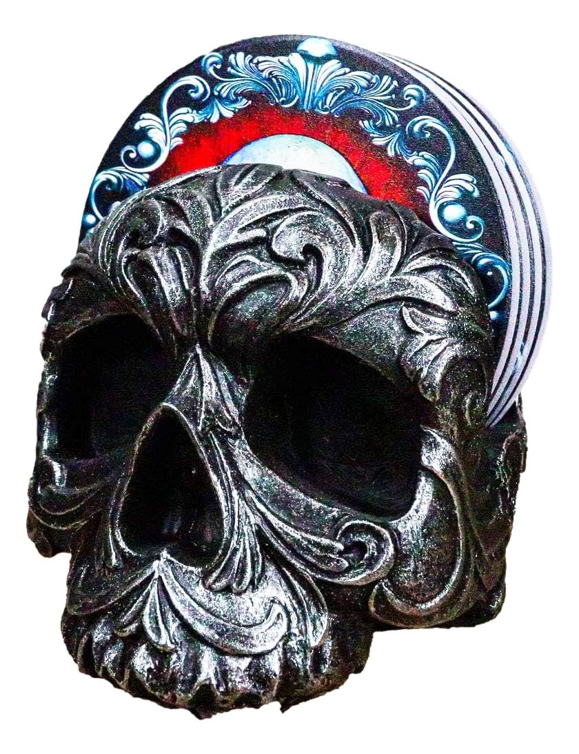 Ebros Gothic Tribal Scrollwork Filigree Pattern Tooled Skull Resin Coaster Figurine Holder with 4 Floral Barocco Skull Sublimed Tile Coasters Set Furniture Protector Home Decor Statue
