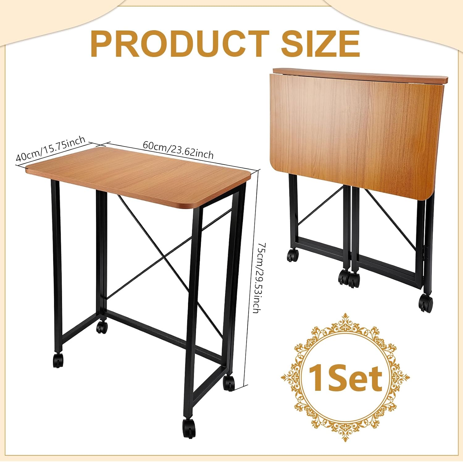 23.6Inch Folding Laptop Cart Table, Mobile Small Rolling Computer Desk for Portable Office Desk for Small Space Couch Bed Oak Color