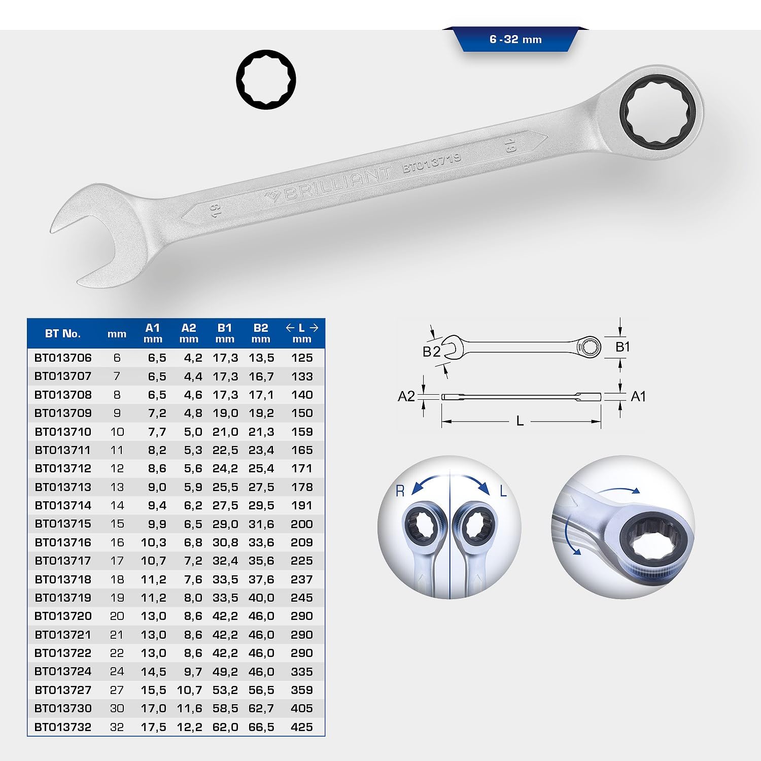 BRILLIANT TOOLS BT013706 Klucz oczkowy z grzechotką, 6 mm [Powered by KS TOOLS]