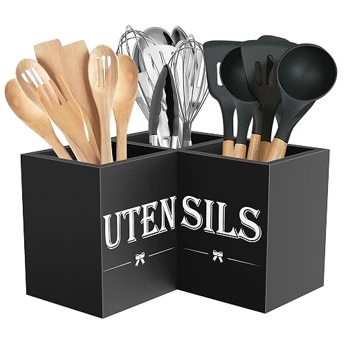 Suli Extra Large Utensil Holder Countertop, Black Wood, 3 Dividers