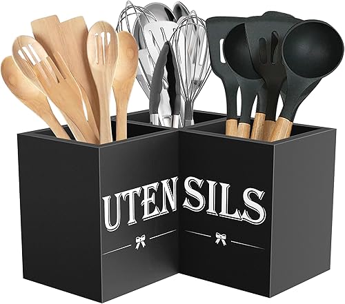 Suli Soporte extra grande para utensilios de cocina con 3 compartimentos, organizador de utensilios de esquina para encimera, organizador de