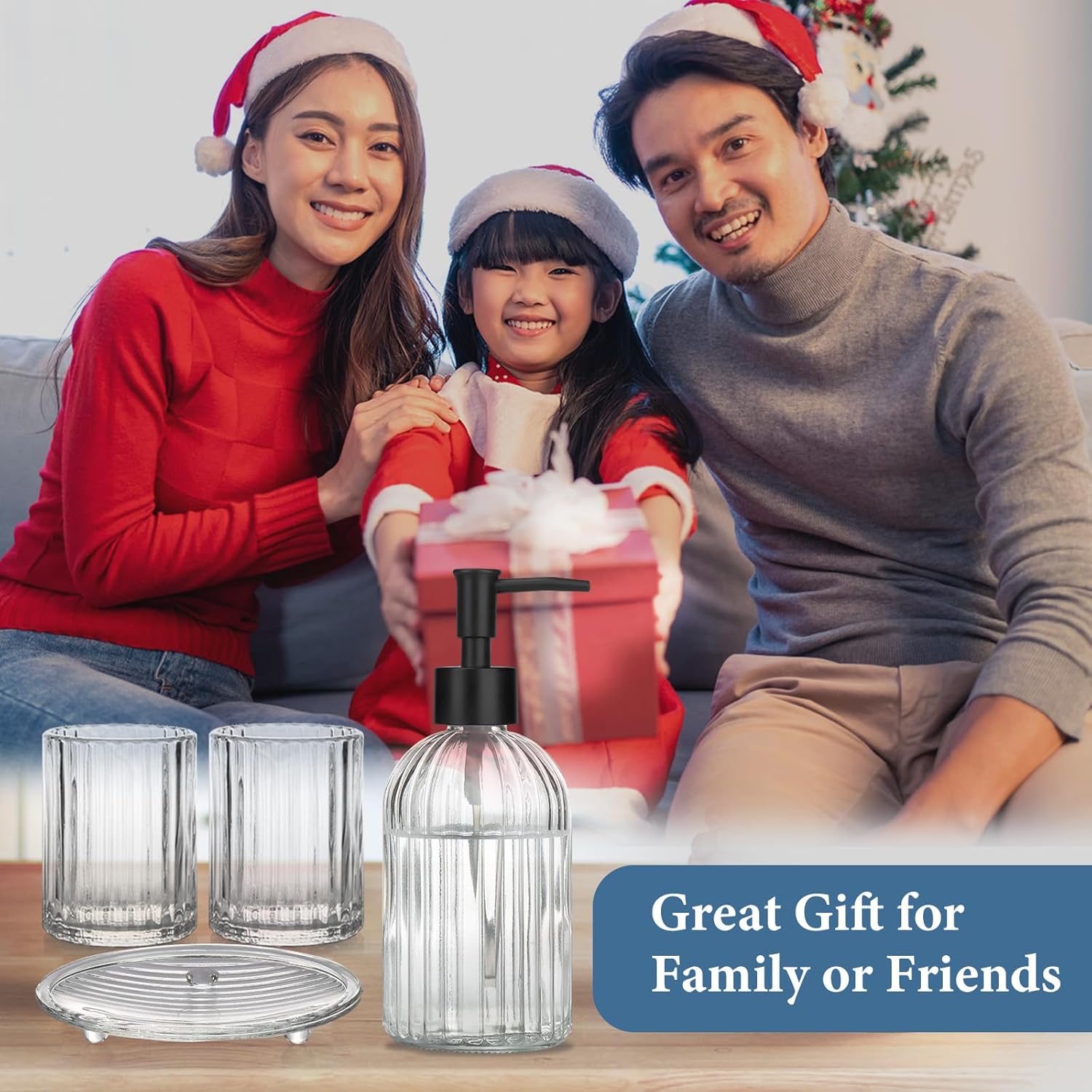 Topsky Glass Bathroom Accessories Set of 4,Clear Vertical Stripe Design with 400ml Liquid Hand Soap Dispenser,Toothbrush Holder,Mouthwash Cup,Soap Dish for Bathroom Countertop