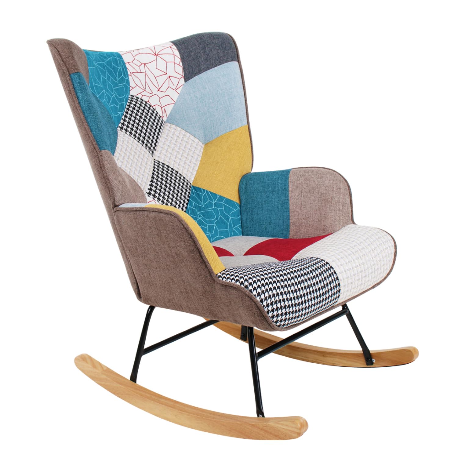 WeHome - Sedia A Dondolo Imbottita Con Braccioli, Poltrona Relax Da Interno A Dondolo, Poltroncina In Legno E Metallo Con Rivestimento Multicolore 96x66x90 Cm (Patchwork, Patchwork)