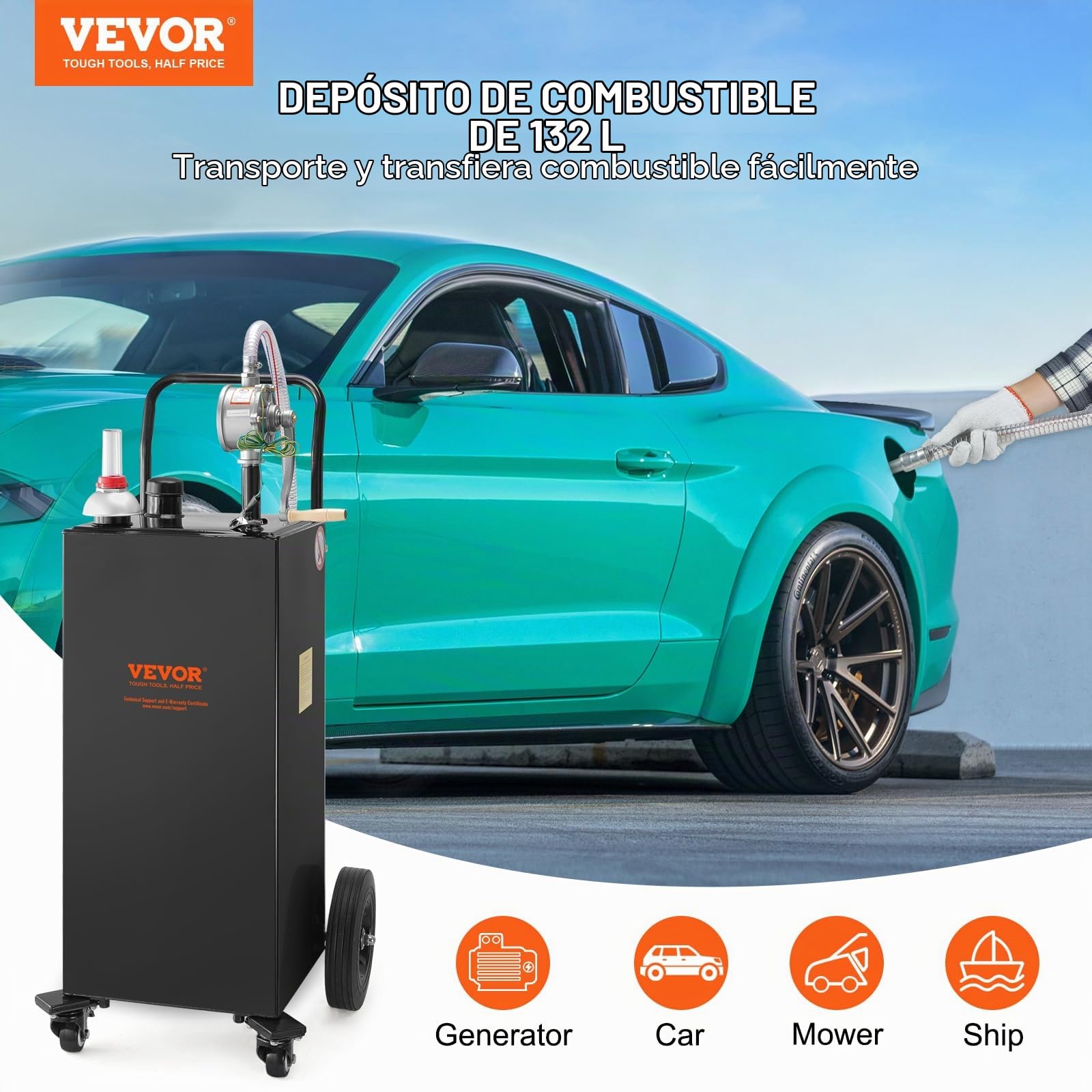 VEVOR Carro de combustible Tanque de almacenamiento de gasolina de 35 galones con 4 ruedas bomba de transferencia manual para automóviles, cortadoras de césped, vehículos todo terreno, barco, negro
