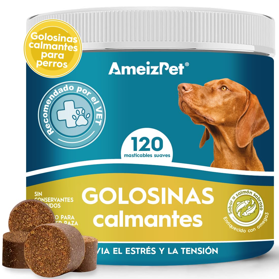 AmeizPet Golosinas Calmantes para Perros, Alivio De La Ansiedad para Perros - Golosinas Calmantes para Perros para Ansiedad, Ladridos, Agresión, Fuegos Artificiales, 120 Chuches para Perros