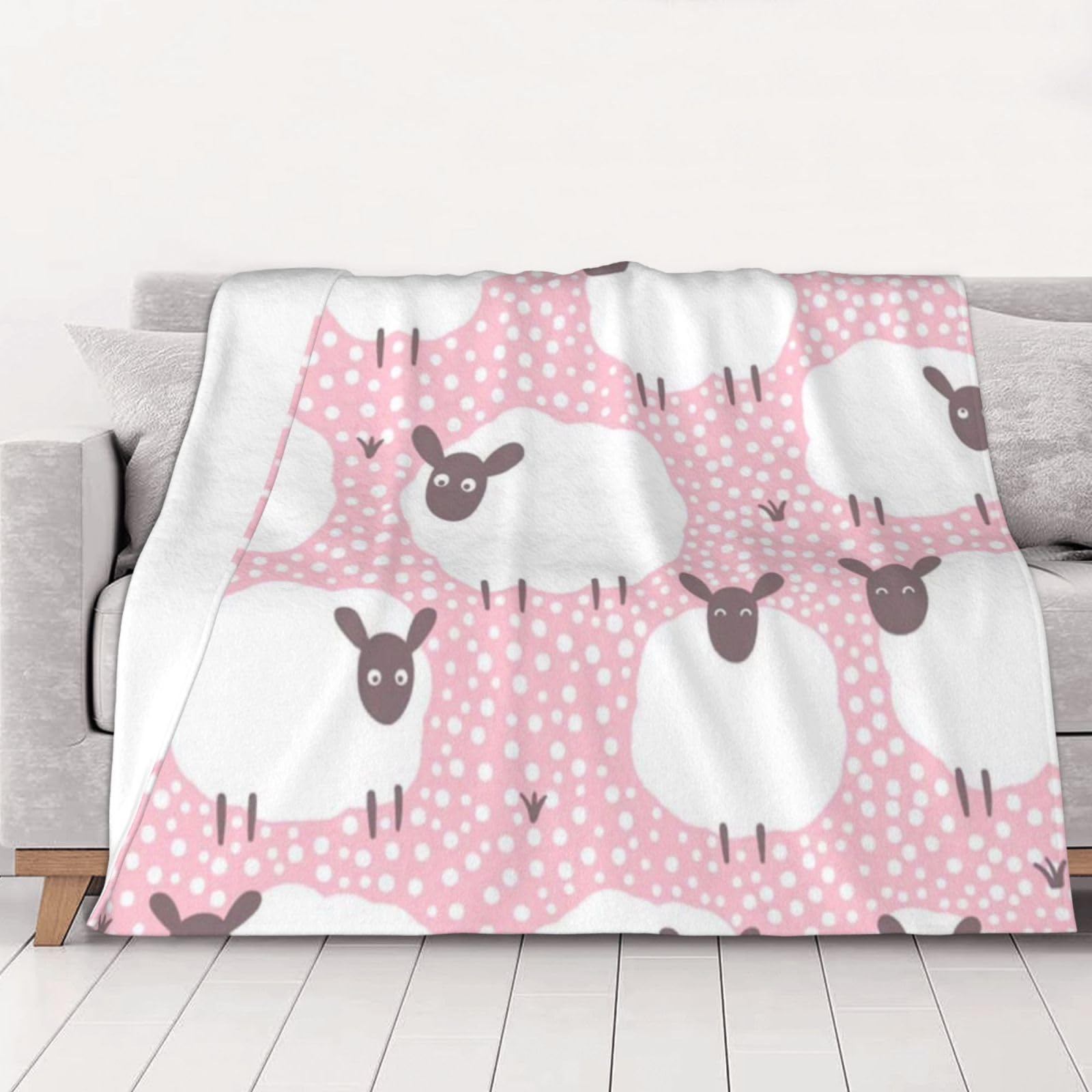 AUBKFELD White sheep on pink background Printed Flannel Blanket 102x76 CM, Soft & Warm Throw Blanket for Sofa/Couch/Bed/Car, Gifts for Audlts Women Men