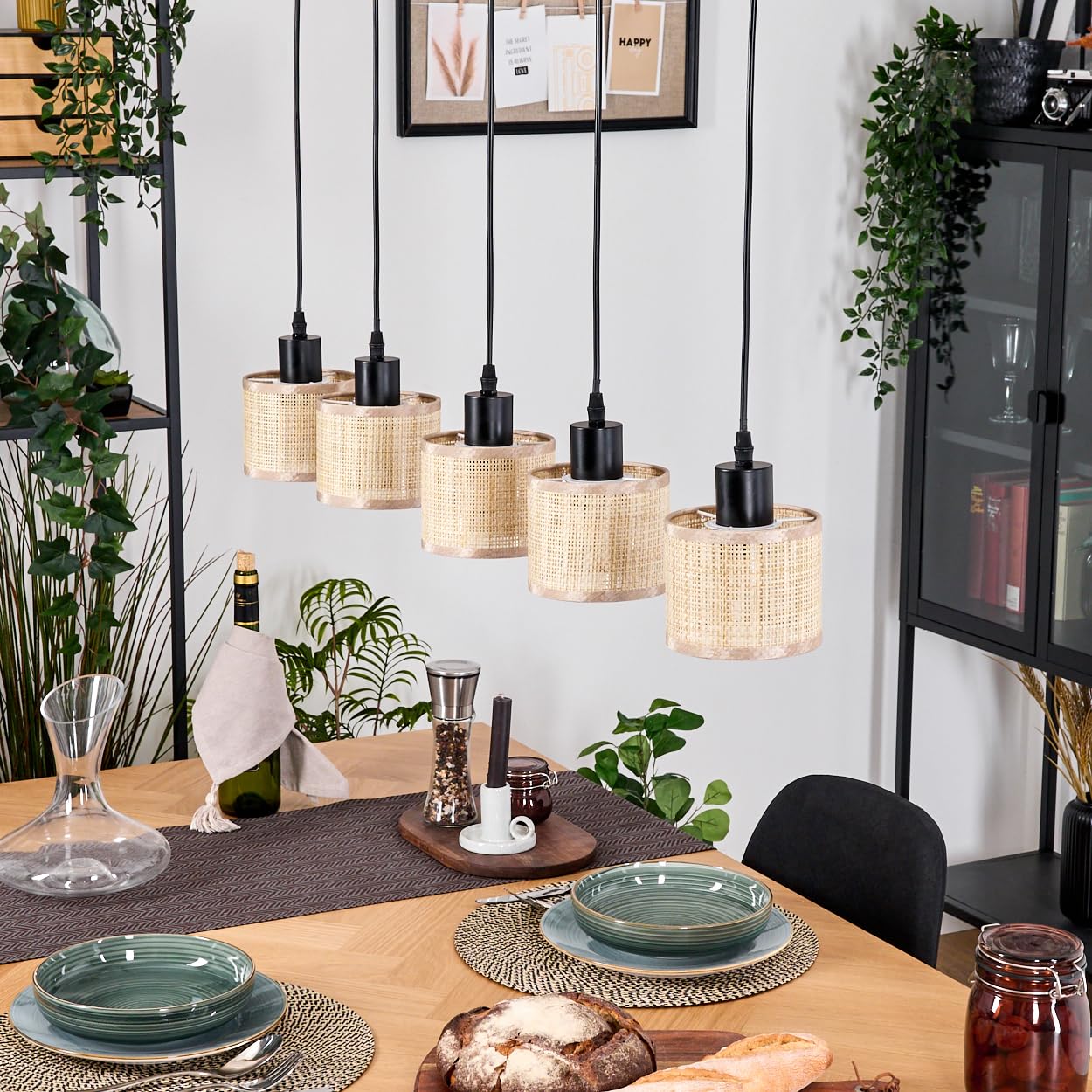 HOFSTEIN Lampa wisząca Sabadim, 5-punktowa lampa wisząca z metalu/drewna/plecionki papierowej w kolorze czarnym/naturalnym/brązowym, lampa wisząca w stylu boho (Ø abażurów 12 cm), wysokość 235 cm, E27