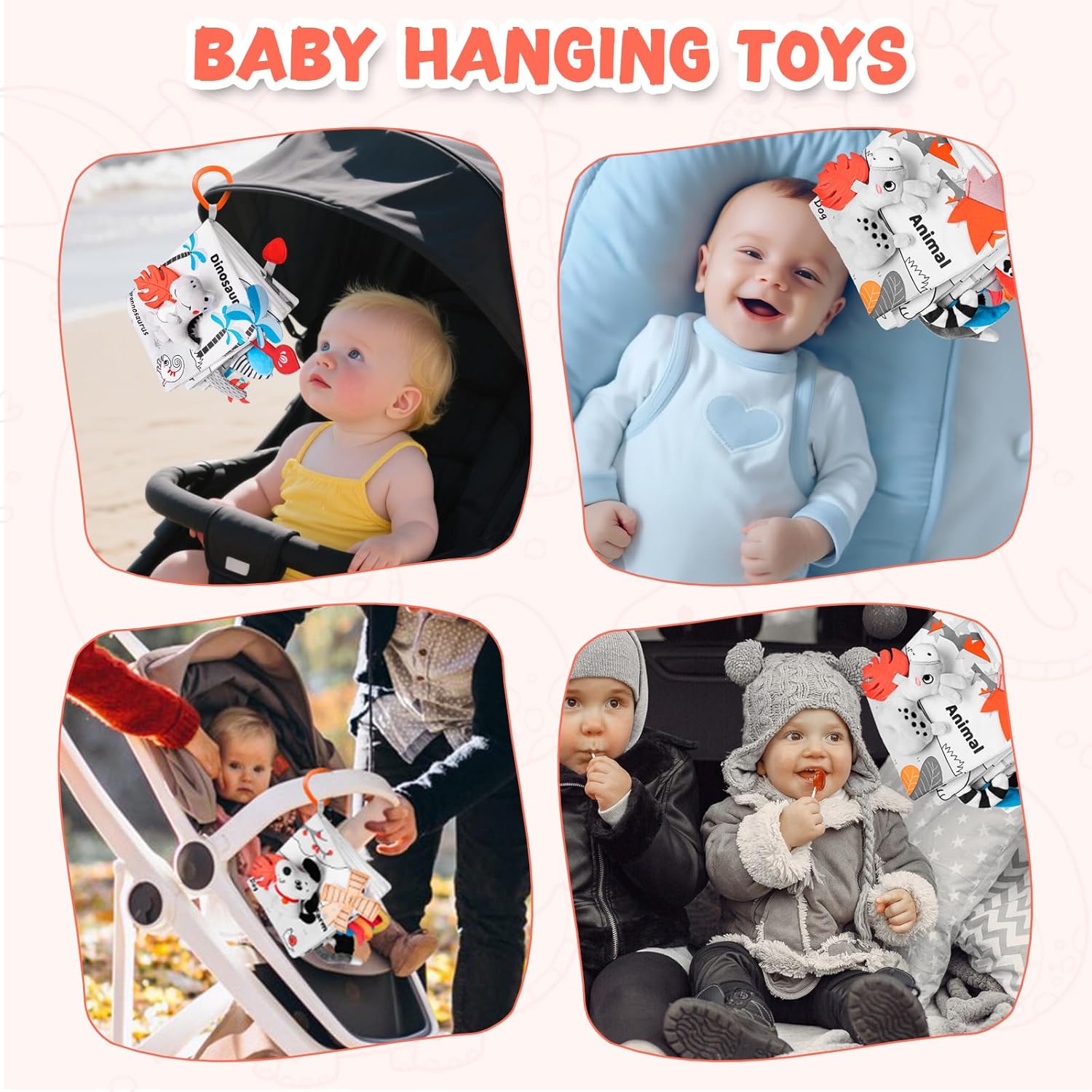 Dinosaur Fabric Book- Crinkle Sound, Touch & Feel, Press Squeaker with Soft Tail Plus Teether Feature - Baby Books Toys for Newborn Infants 0-12 Month