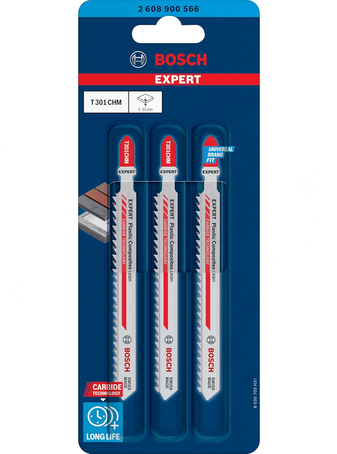 Bosch 3X Expert Plastic Composites Clean T301CHM Jigsaw Blade (for WPC Wood Plastic, Solid Surface Composite, Length 117 mm, Professional Accessory Jigsaw)