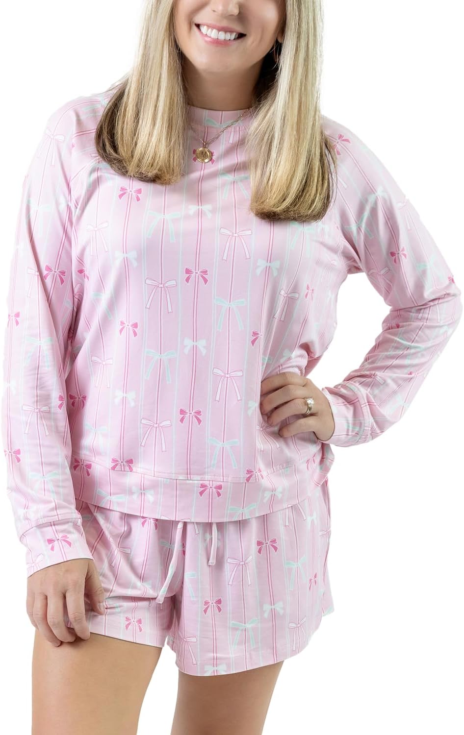 Mary Square Annie All Wrapped Up Pink Coquette Bow Polyester Blend Women's Cozy and Chic Long Sleeve and Short Pajama Apparel Set, Large