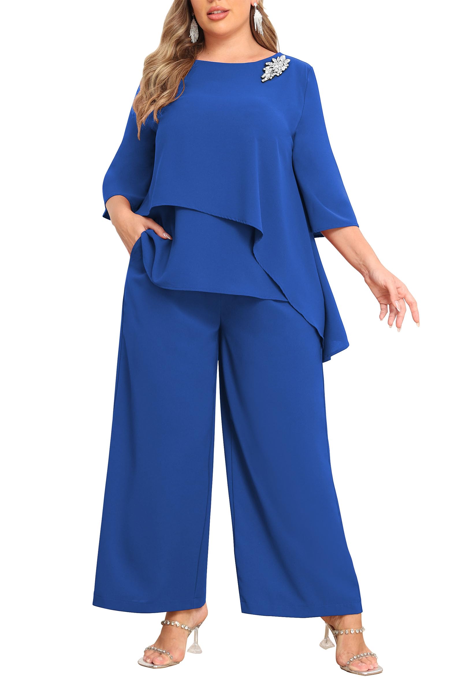 AOVDE Plus Size Pant Suits Mother of Bride Dressy Pant Suits 2 Piece Outfits with Pockets for Women Wedding Guest