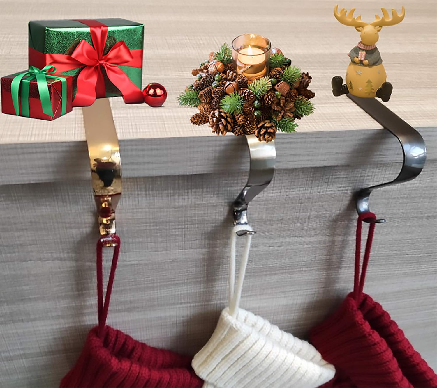 Edoneery Stocking Holders for Mantle Set 4 Christmas Stocking Holder Christmas Stocking Hooks for Fireplace Mantle(Black)