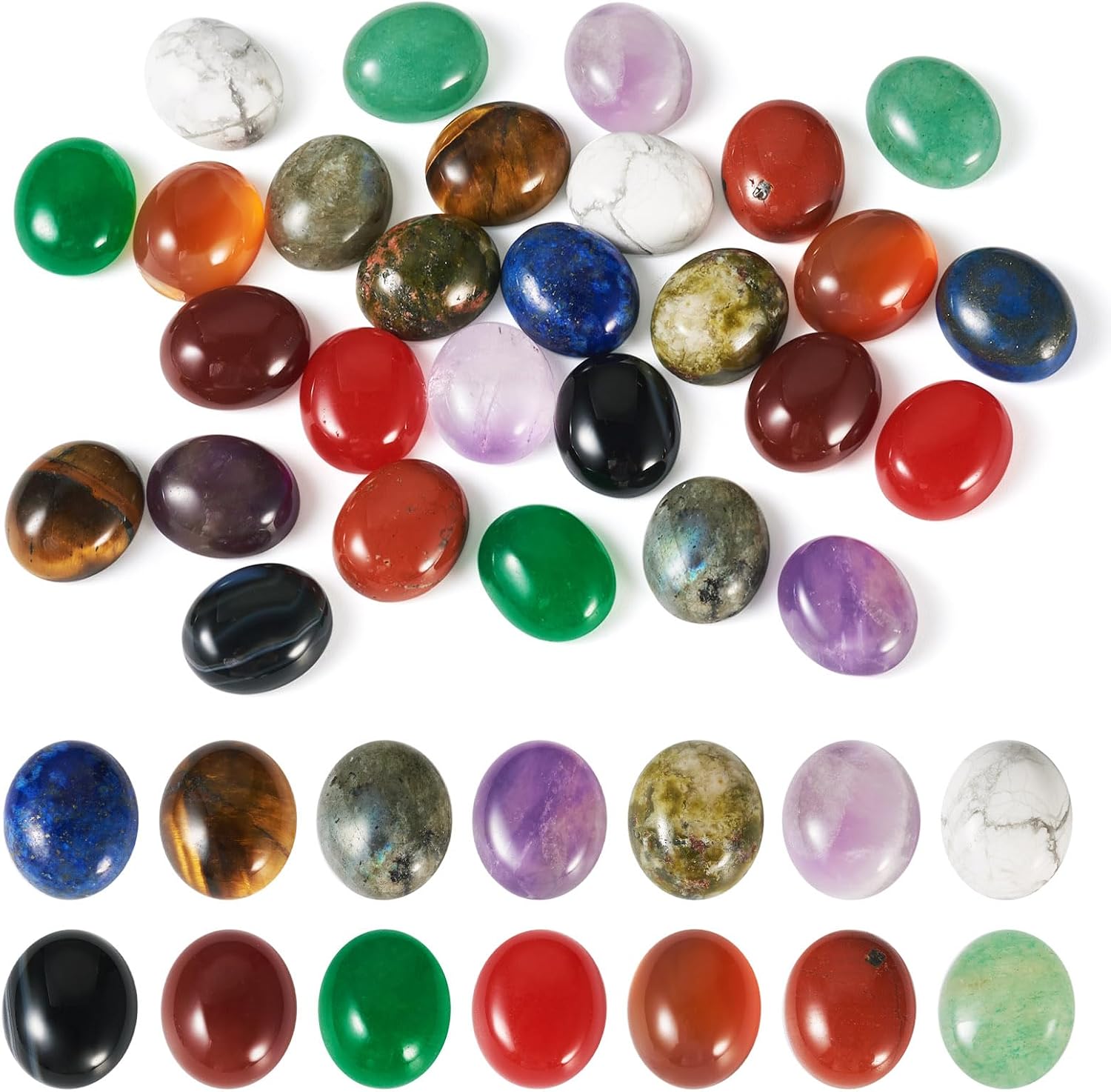 FASHEWELRY 28Pcs Oval Gemstone Cabochons 12x10mm Tiny Flatback Stone Beads Gemstone Chakra Healing Crystal for Blank Bezel Pendant Necklace Bracelet Earrings Jewelry Making