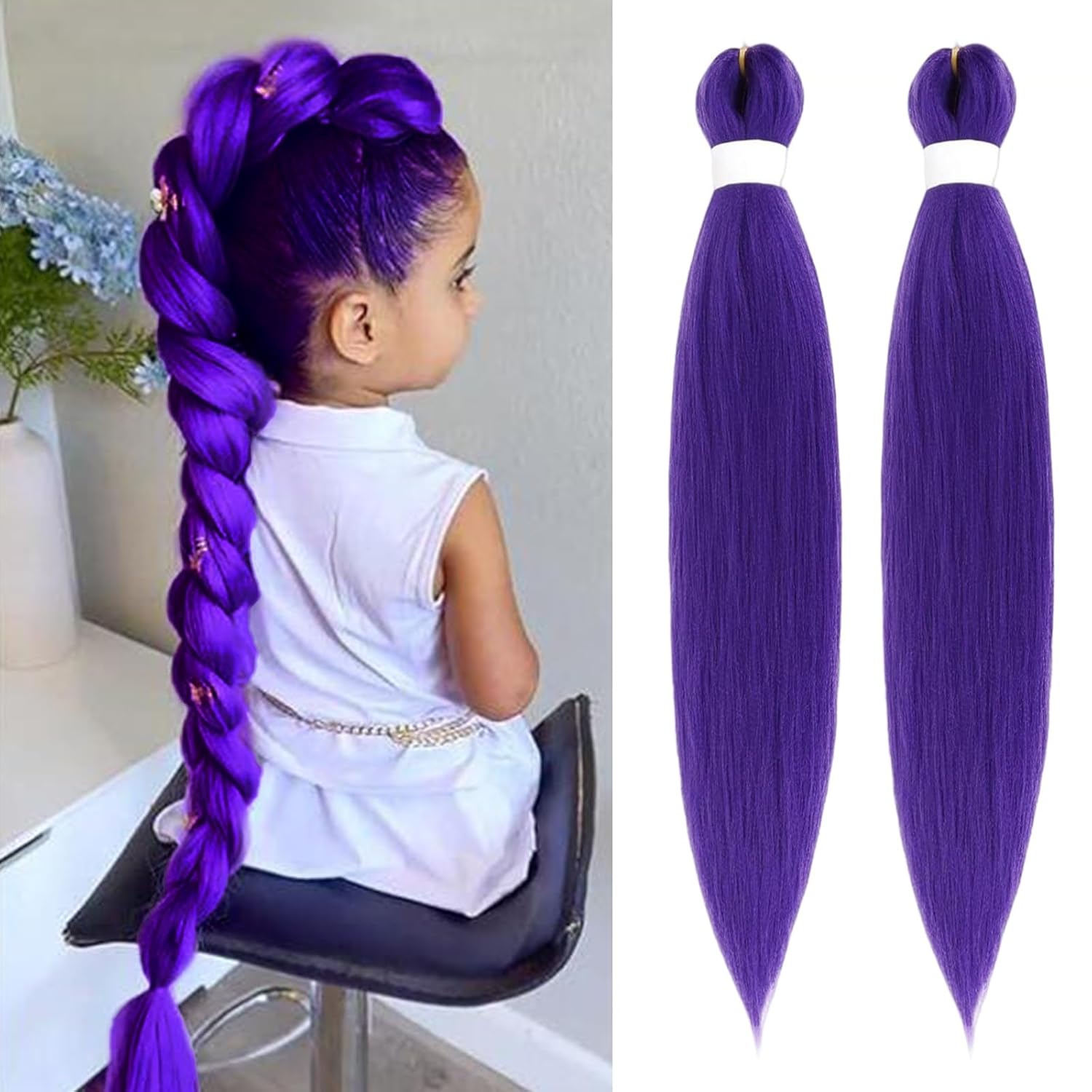 28 inch Long Purple Braiding Rumi Hair Pre Stretched Synthetic Braiding hair Extensions for Braids, 2 Packs Purple Hair Extensions for Stage Party Halloween Costume Cosplay