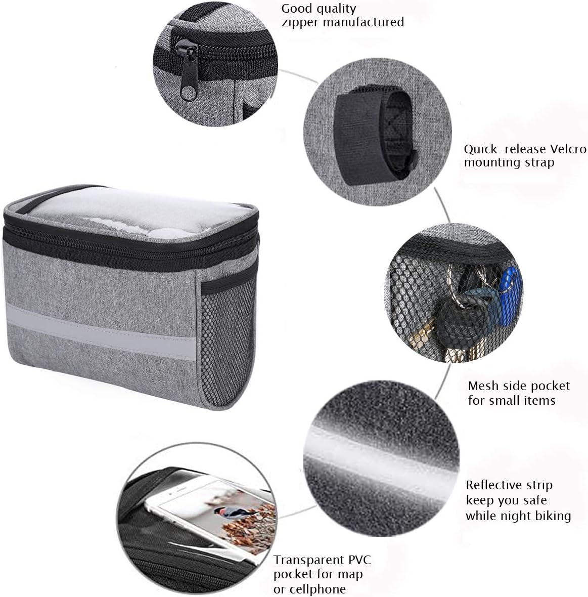 Bike Handlebar Bag Bike Bags Handlebar Bike Basket Bag with Mesh Pocket Bicycle Front Storage Pouch Bag for Accessories (Grey, Medium) : Sports & Outdoors