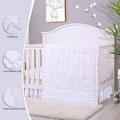 Miniatura 3 de Cloele Juego de ropa de cama para cuna de bebé de 3 piezas, juego acolchado con volantes sólidos que incluye edredón, sábana bajera para niños y