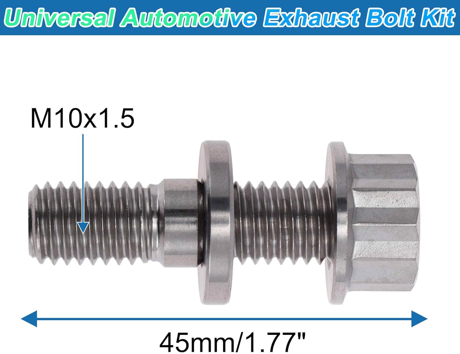 12 Set Titanium Alloy Exhaust Manifold Bolt M10x45mm Pitch 1.5 Exhaust Manifold Stud Kit Screws Nuts Washers Silver Tone