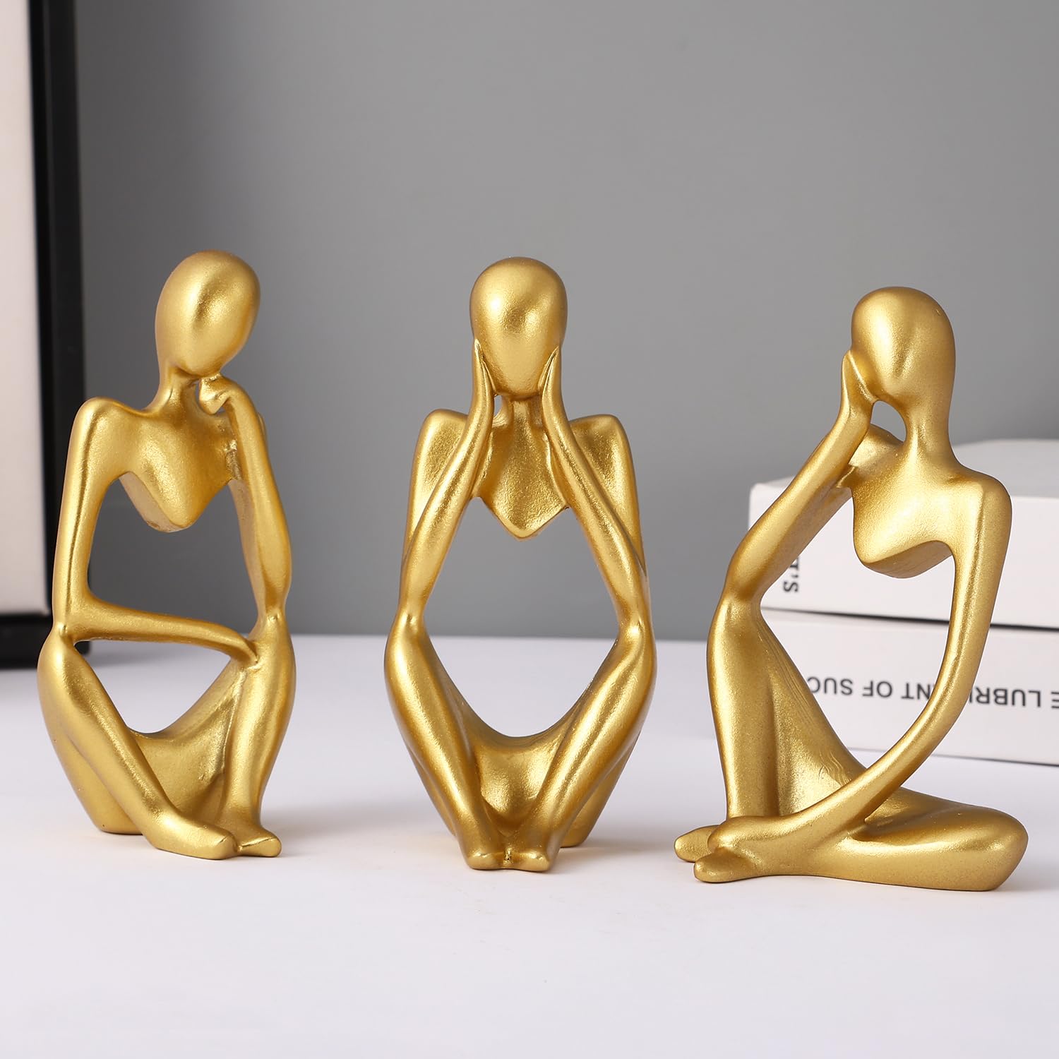 TIED RIBBONS Decorative Abstract Thinker Men Statue Set Of 3 Modern Art Showpiece Sculpture(Fantasy,Gold,13CmX6Cm) Decoration Items For Home Decor Living Room Bedroom Bookshelf Table Office-Resin
