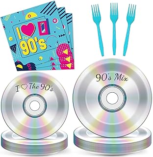 96Pcs 90's Party Paper Plates and Napkins for Retro 90s Theme Birthday Party Supplies 90's Mix CD Themed Paper Dessert Plates I Love The 90s Tableware Set for Men Women 24 Guests Party Decorations
