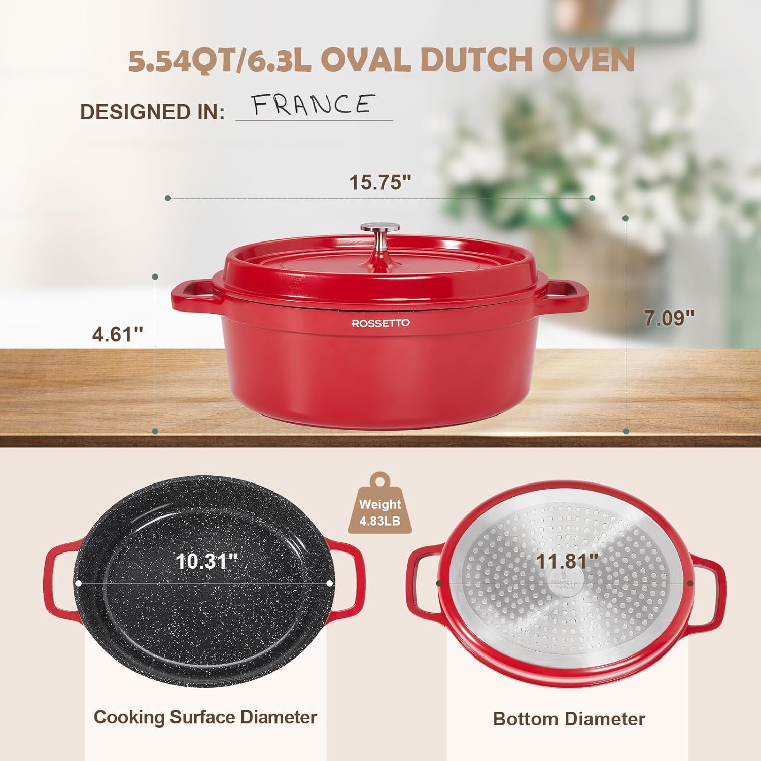 ROSSETTO 5.5QT Oval Dutch Oven Pot with Lid, Ceramic Dutch Oven with Silicone Assist Handle Holder, Dishwasher Safe, Oven Safe up to 450° F, Non-Stick & Non-Toxic Bread Dutch Oven with Lid for Baking,Brasing, Soups, Red