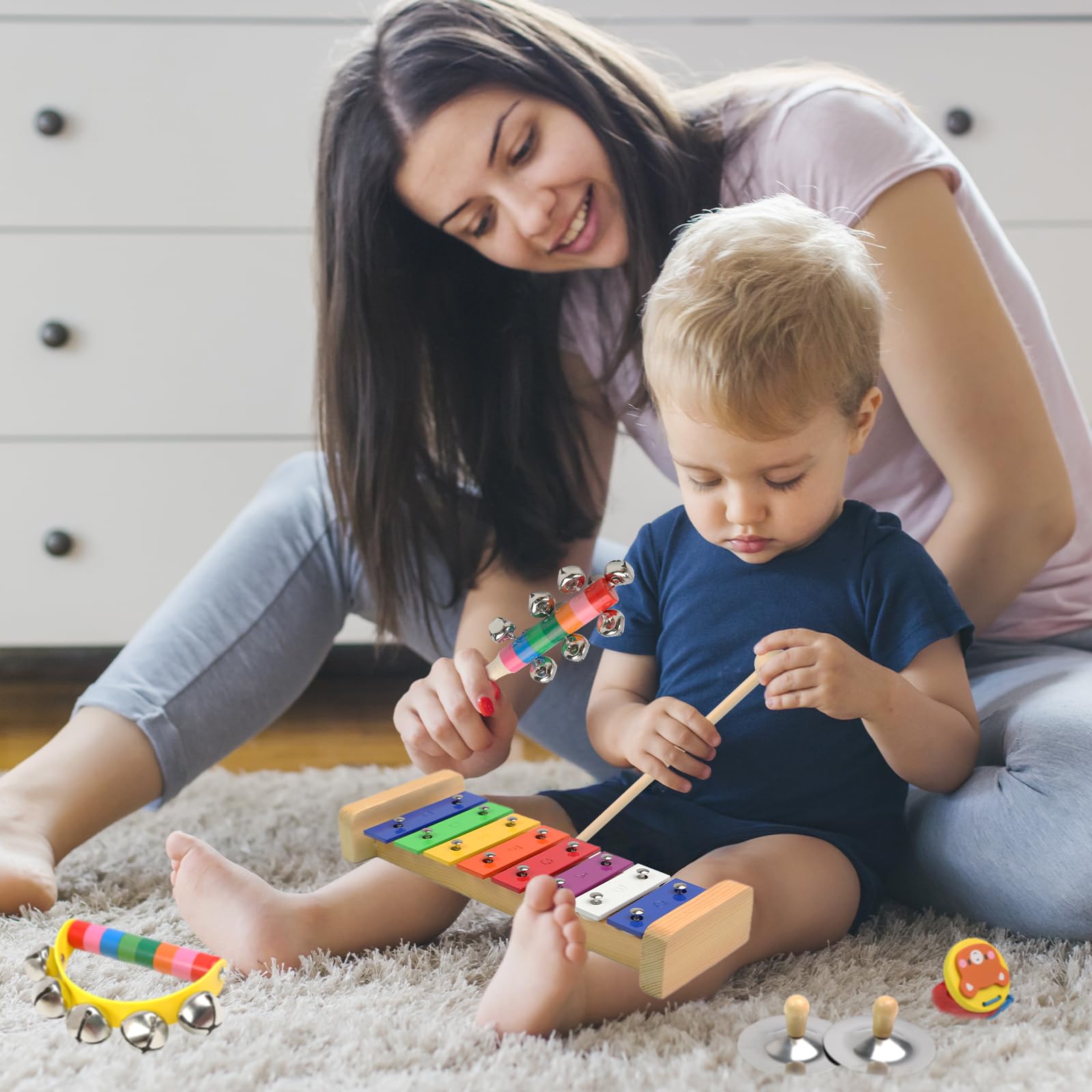 Instrumentos Musicales para bebés, Juguetes Montessori, Instrumentos Musicales de Percusión de Madera de Colores del Arcoíris con Bolsa de Almacenamiento Transparente