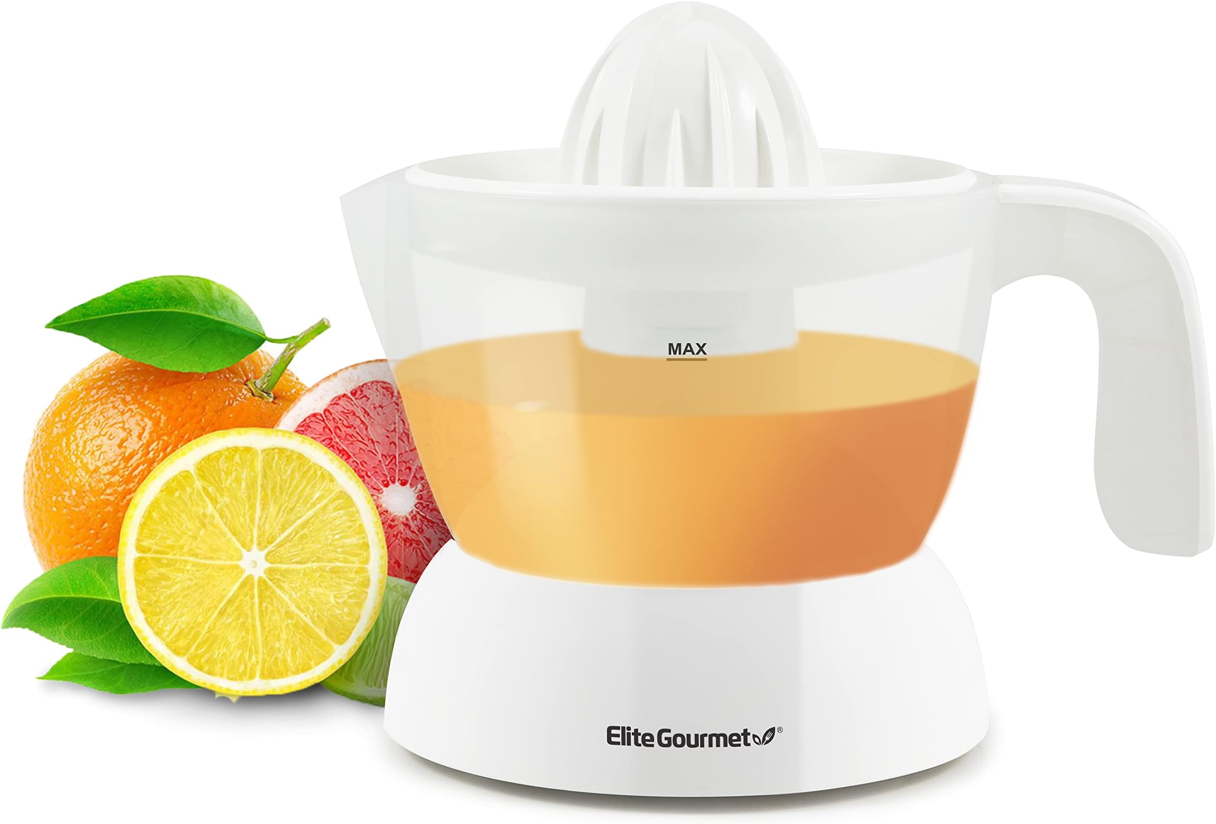 Elite Gourmet ETS-411 BPA-Free 30-Watt Electric Citrus Juicer Extractor: Compact Large Volume Pulp Control Oranges, Lemons, Limes, Grapefruits with Easy Pour Spout, 16 oz, White