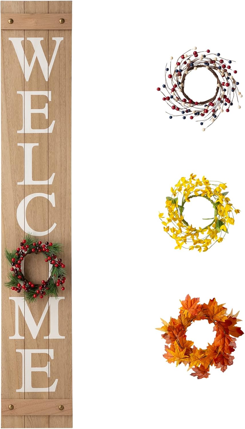glitzhome wooden welcome sign for porch front door rustic farmhouse style hanging vertical outdoor with changable wreathes, 60"h, natural