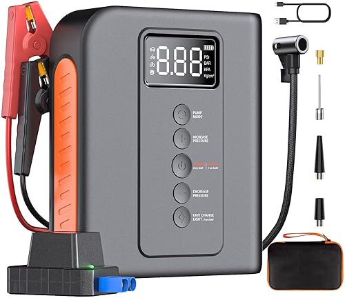 Arrancador de batería de 2000 A para automóvil, paquete de energía portátil de 10000 mAh con compresor de aire, inflotador de neumáticos de 150 PSI,