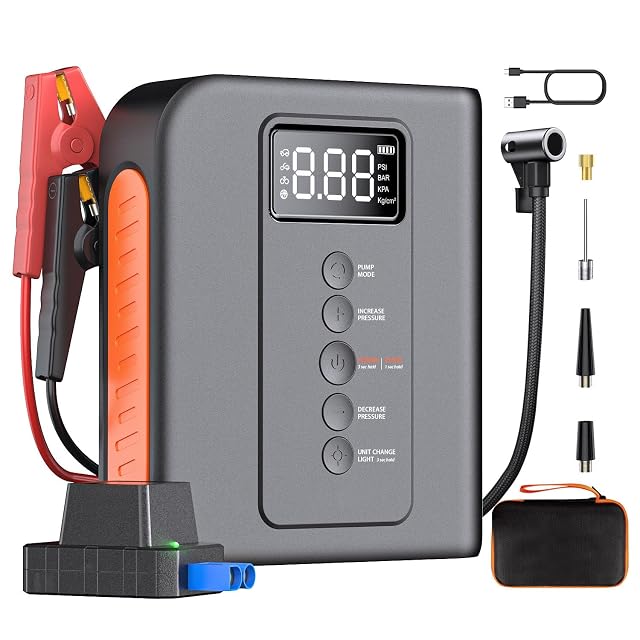 Battery Jump Starter with Air Compressor for Car 10000mAh Portable Power Pack 150PSI Tire Inflotor USB Charge LED