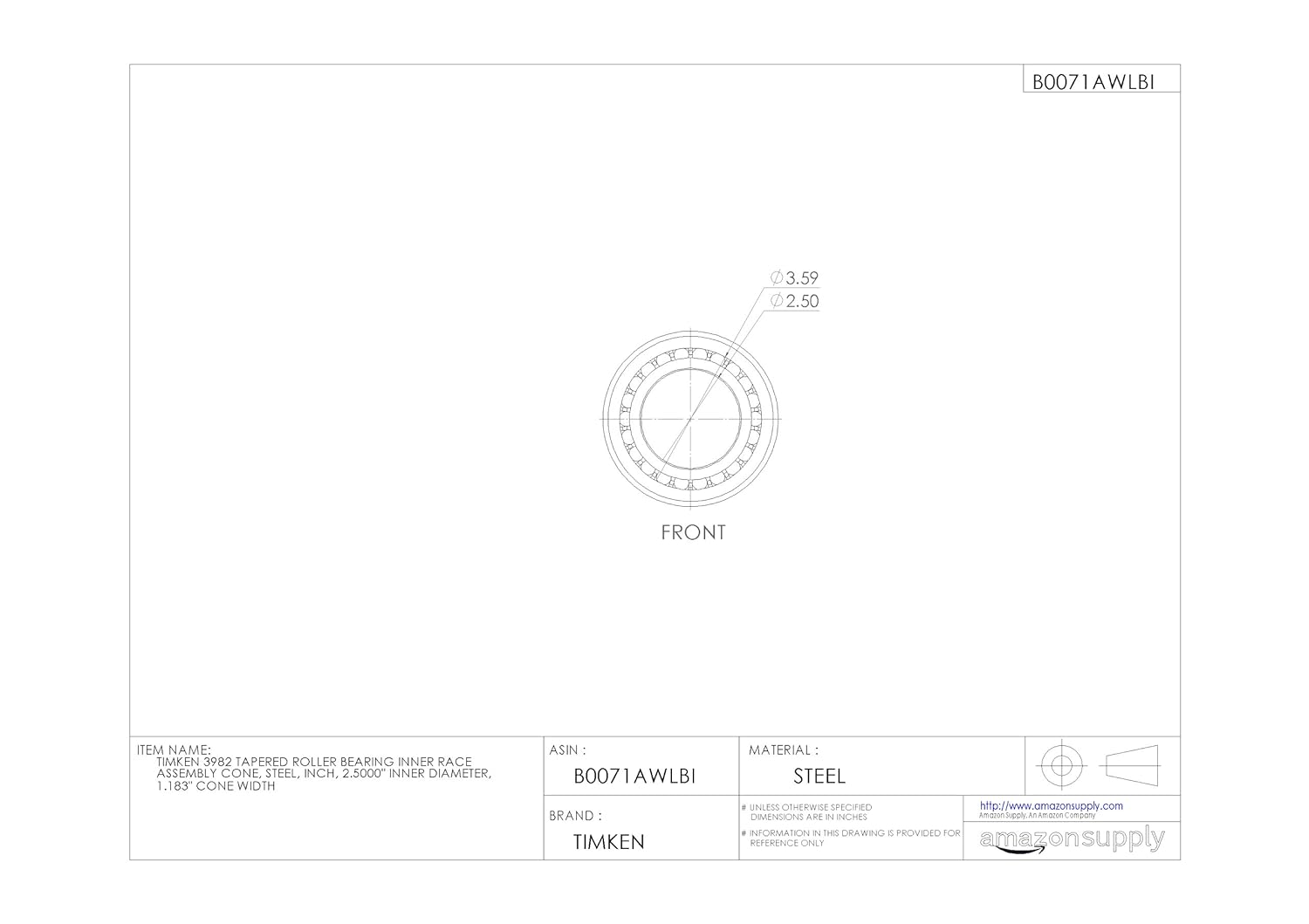 Timken 3982 Tapered Roller Bearing Inner Race Assembly Cone, Steel, Inch, 2.5000" Inner Diameter, 1.183" Cone Width