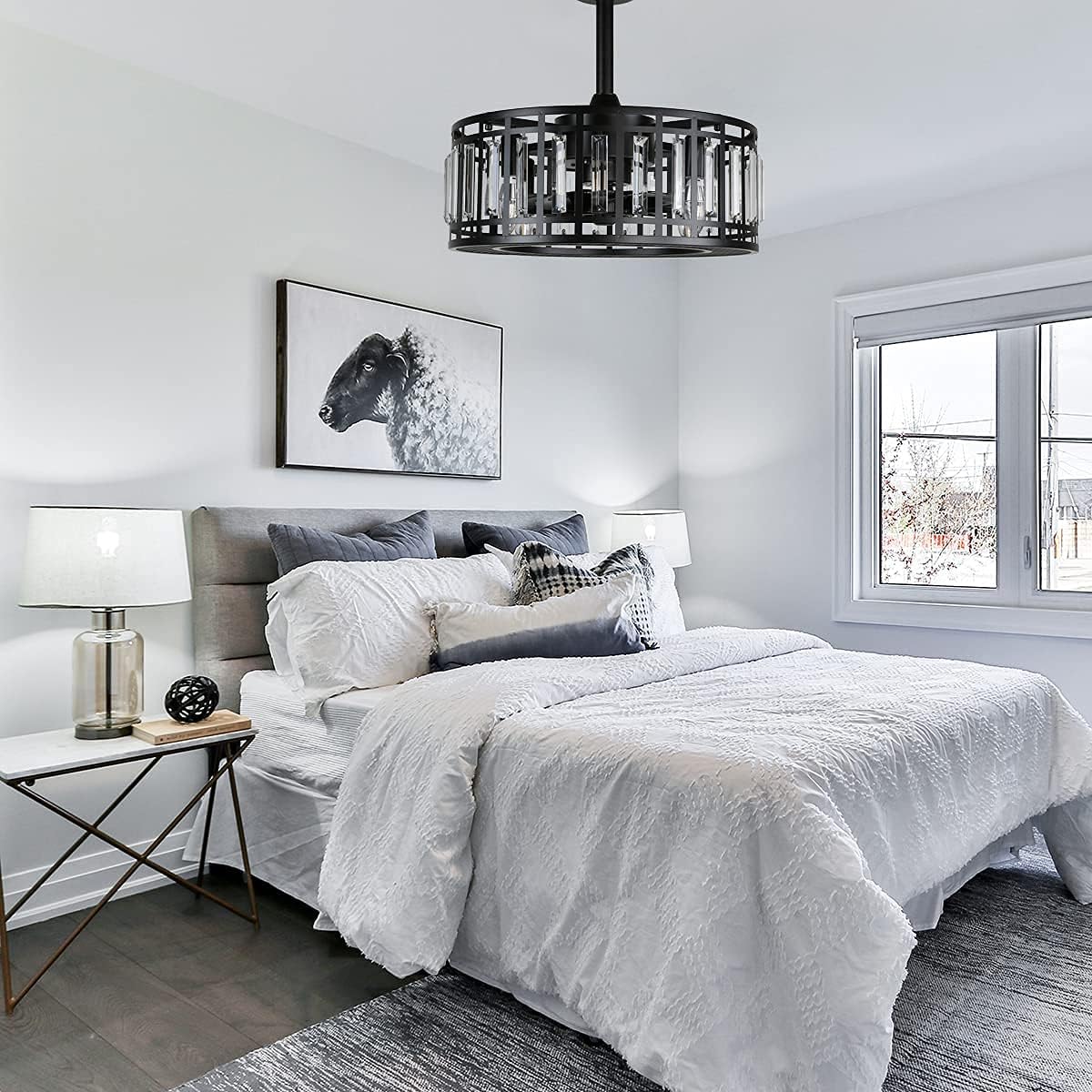 YYEHON Crystal Ceiling Fan with Lights and Remote, Bladeless Fandelier