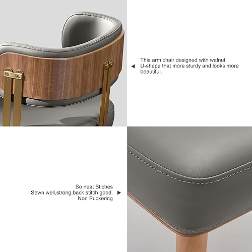 Miniatura 6 de Modernas sillas de comedor tapizadas de cuero con cojín de espuma de alta resistencia, chapa de madera de nogal y patas de metal dorado, 22 pulgadas