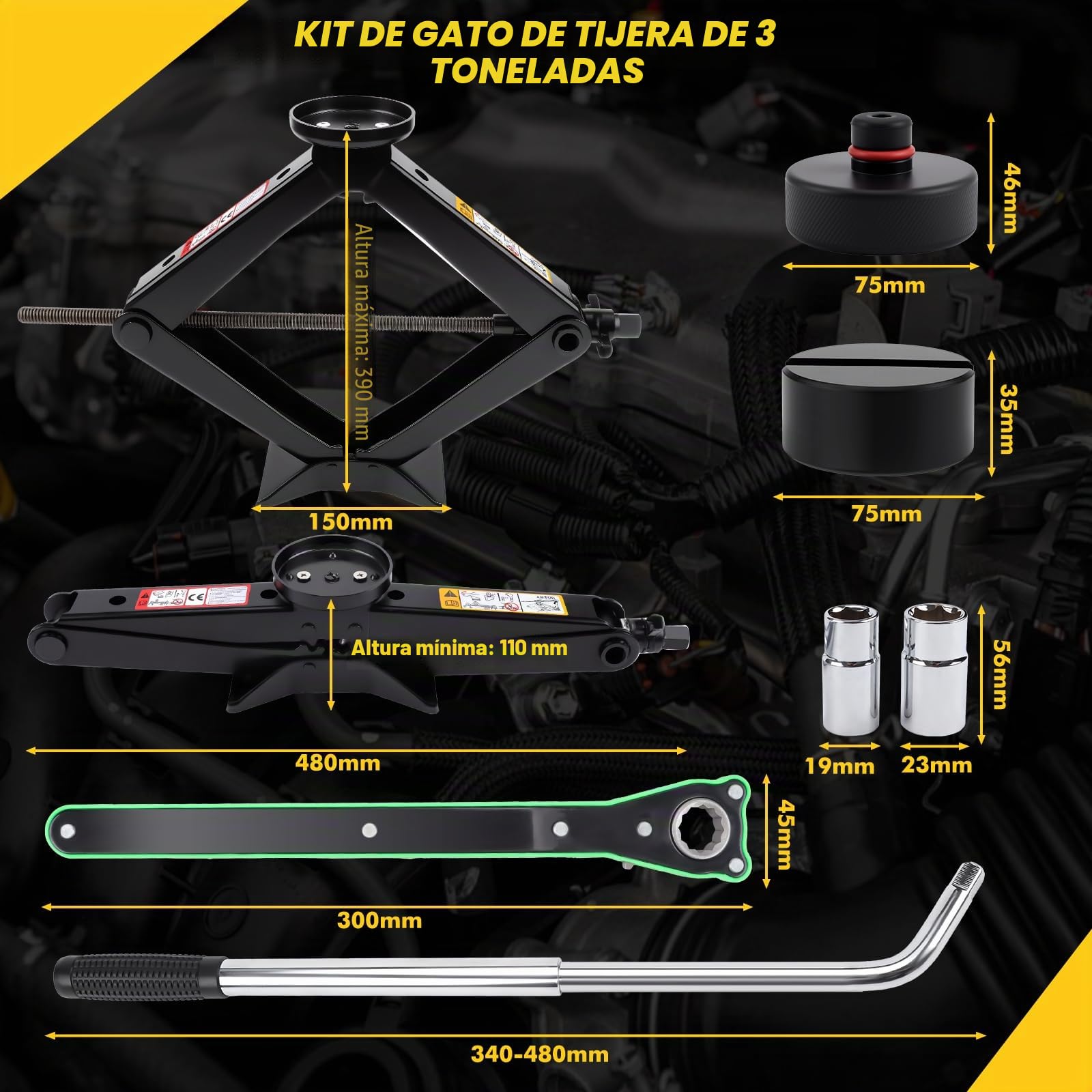 KAOLALI Gato de Tijera 3T/3000kg, Kit de Gato Coche Portátil con Bloque De Goma Llave de Tuercas de Rueda, Kit de Emergencia Universal para Automóvil SUV MPV Tesla Model 3/Y/S/X