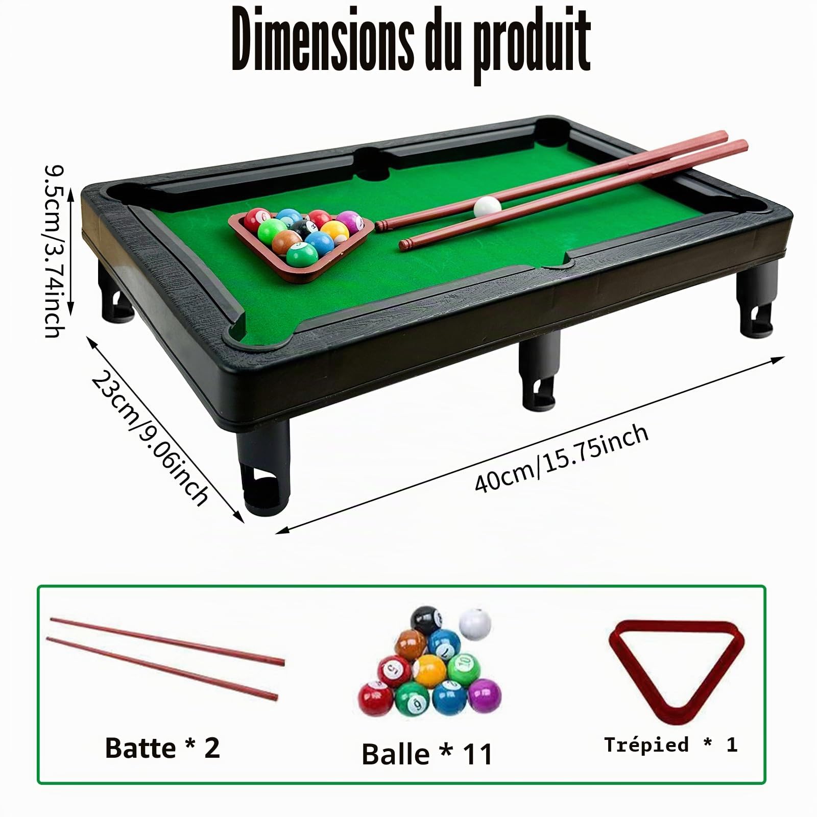 YumSur Mini table de billard avec set de 11 boules, 2 queues et 1 triangle, Table de jeu de snooker portable pour soulager le stress pour enfants et adultes (Style 2)