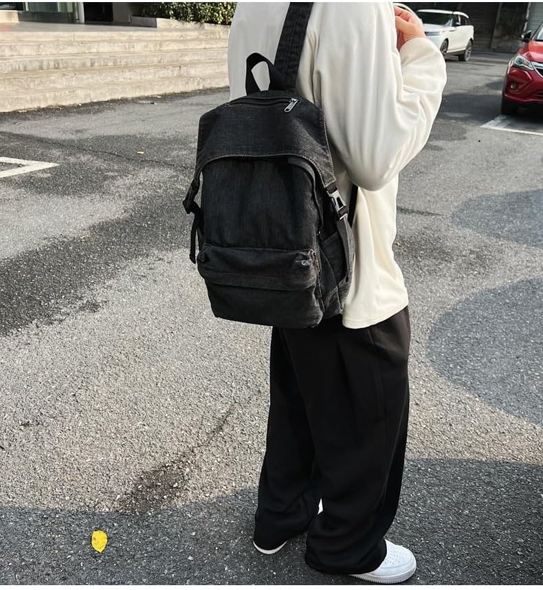 Classic Retro Denim Backpack Y2K Aesthetic Shoulder Bag Lightweight Daypack Casual Jeans Backpack for College (Black) - Image 3