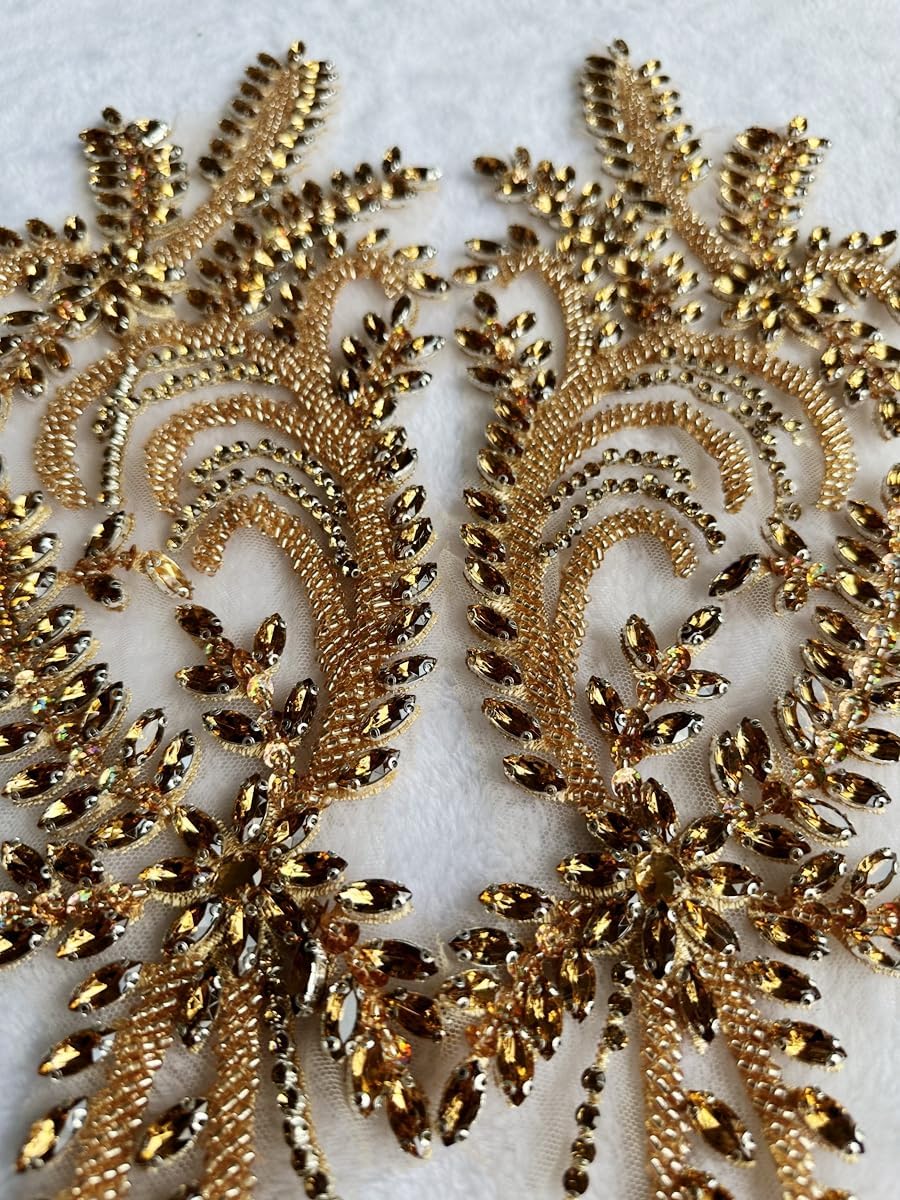Handmade Rhinestones on Lace Applique Trim Sewing Beads Sequins Trim Patches for Wedding Dress Accessories 1Pair/Bag 5.9X21inches (Champagne)