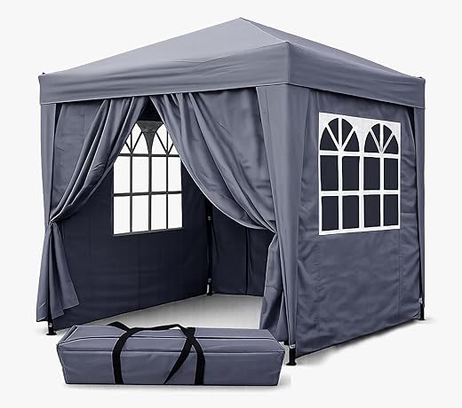 QUICK STAR Pop-Up-Pavillon 2,5 x 2,5 m Smoky Grau mit 4 Easy-Klett Seitenwänden mit 2 Reißverschlüssen.