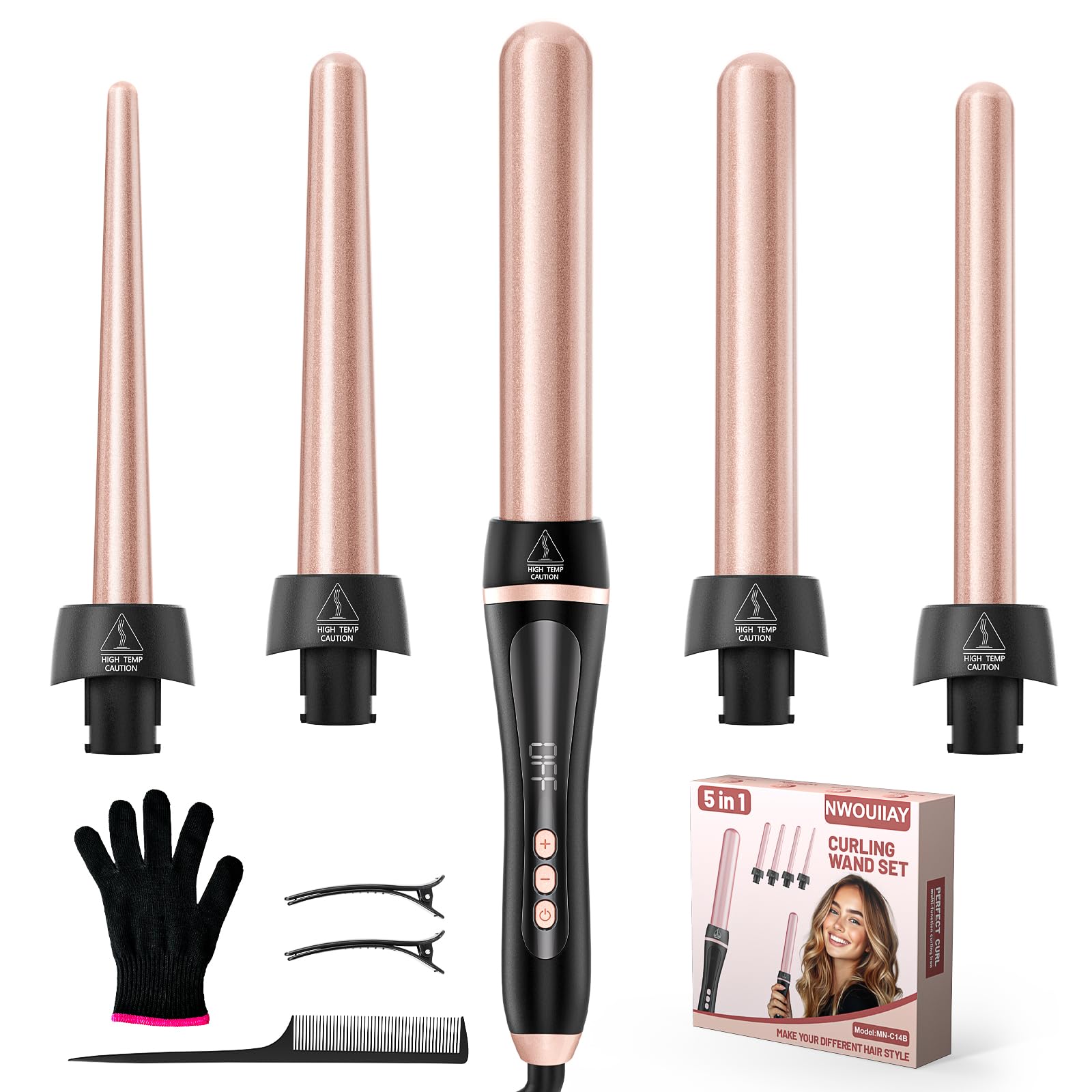 5 en 1 Fer à Friser Professionnel Chauffage Rapide Fer à Boucler Céramique avec Températures Réglable de 80-230 ℃ LCD Écran et Interchangeable 9-32 mm pour Créer de Grosses Vagues