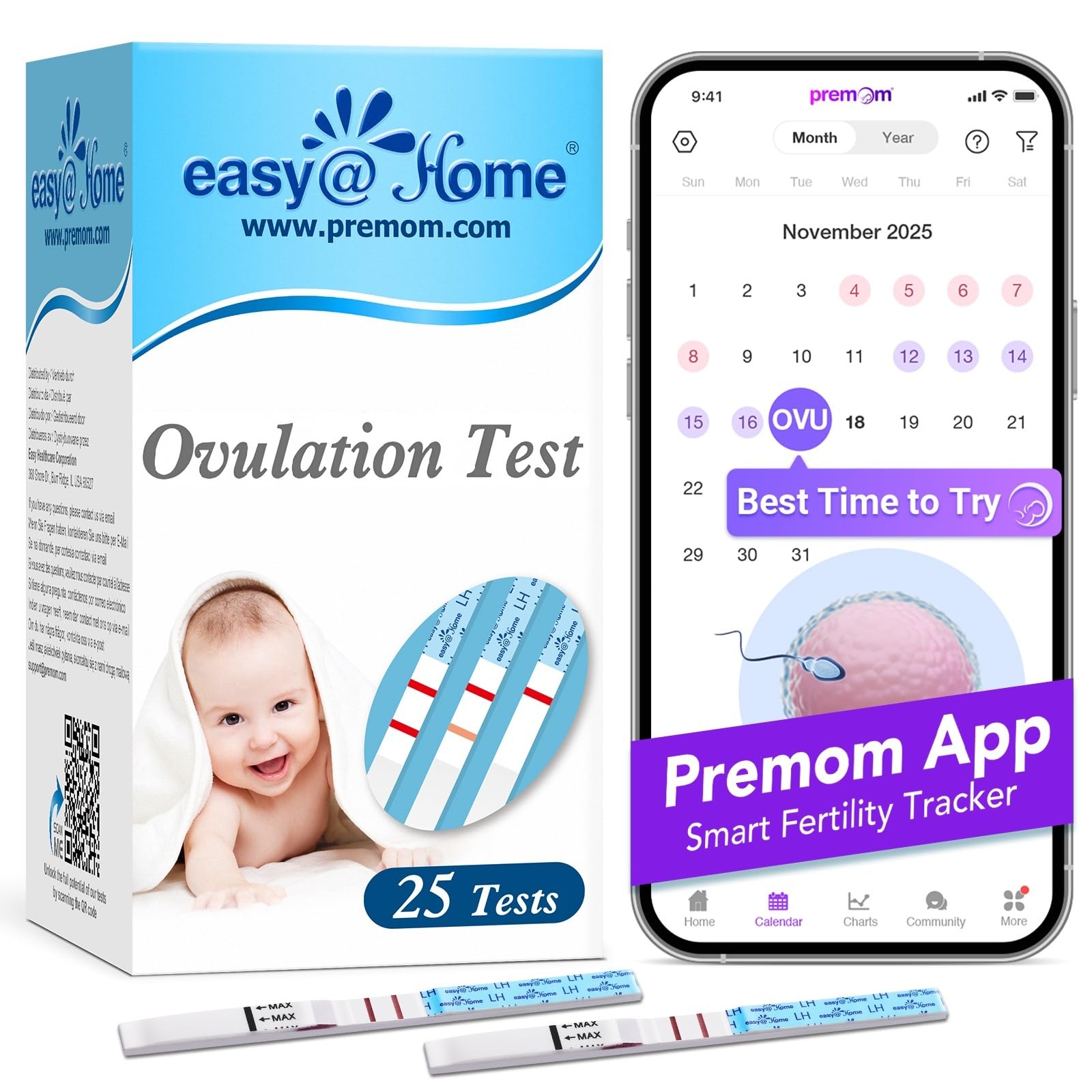 Easy@Home 25 Ovulation Test Strips, Ovulation Predictor Kit, Powered by Premom Ovulation Predictor iOS and Android App, 25 LH Strips