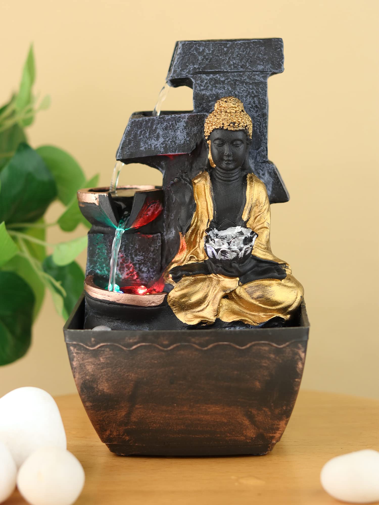 Lord Budhha Tabletop Polyresin Water Fountain with LED Lights for Indoor Home Decor Decoration Showpiece Gifts-image-28