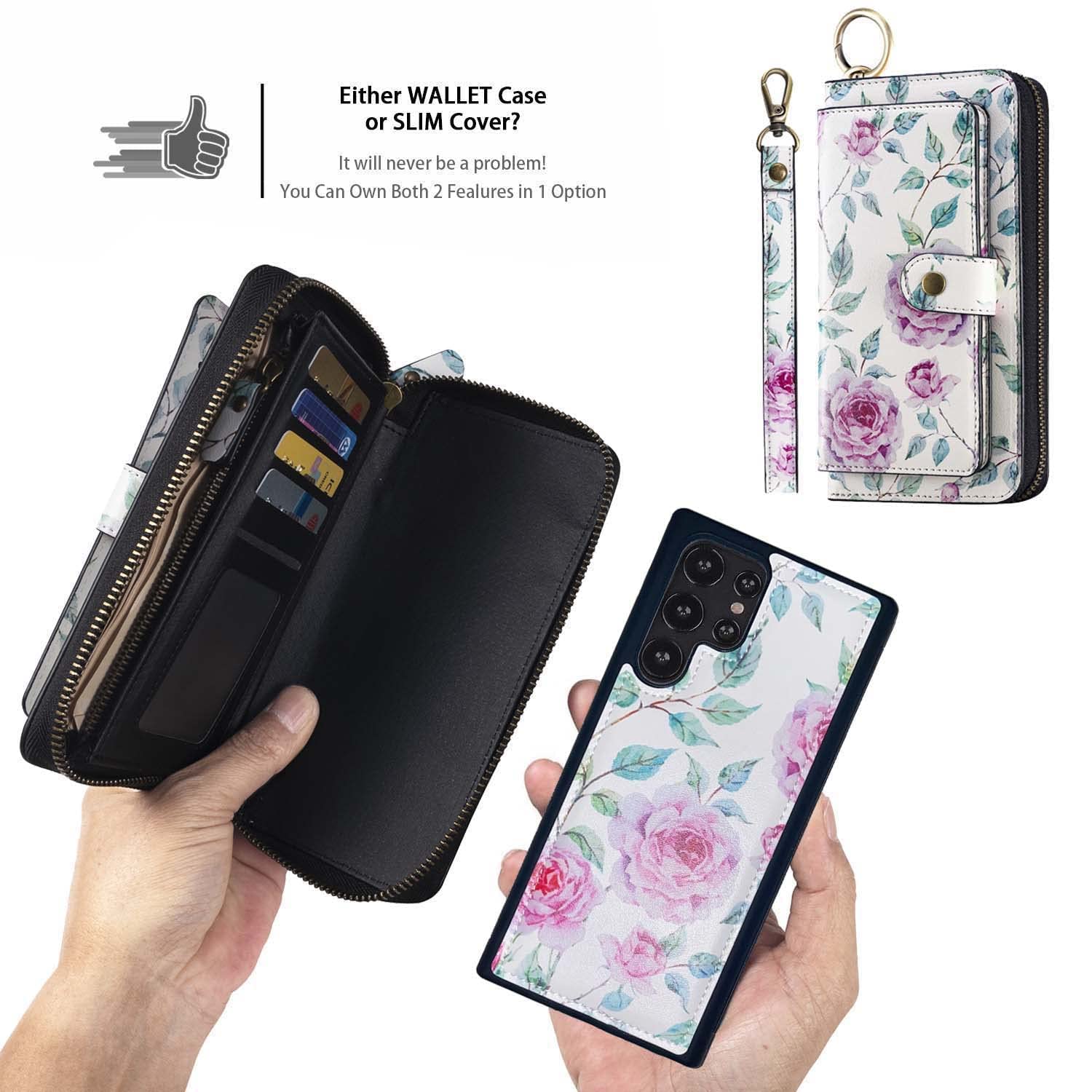 LITOU Compatible for Samsung Galaxy S23 Ultra Phone Wallet Case for Women Men,Wristlets Clutch Zipper Leather Wallet Flip Case Card Holder Magnetic Detachable Back Cover,WF