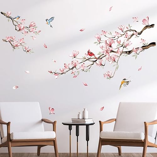 Miniatura 3 de decalmile Calcomanías de pared con diseño de ramas de árbol de magnolia, flores rosas, pájaros, decoración de pared para dormitorio, sala de estar,