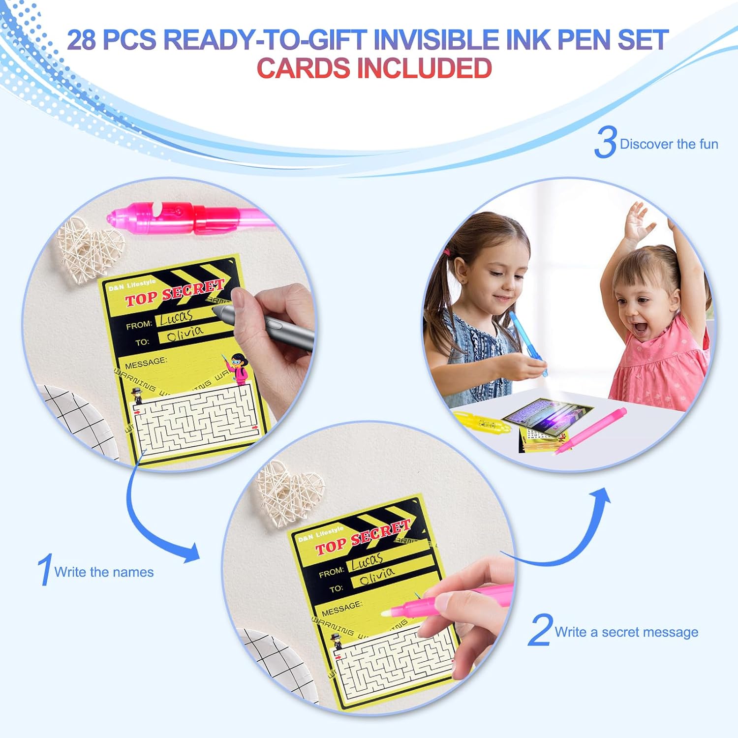 D&N Lifestyle Invisible Ink Pens for Kids, 28 Pack UV Secret Message Pens with Light & Activity Cards, End of School Year Gifts for Students, Party Favors, Goodie Bag Stuffers