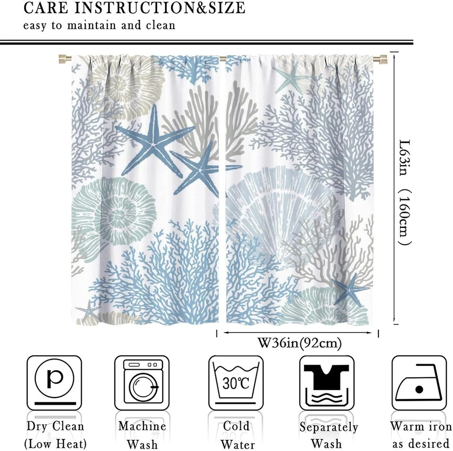 Abstract Nautical Coastal Blackout Curtains,Watercolor Beach Ocean Theme Starfish Seashell Coral Window Curtains Rod Pocket Thermal Insulated Room Darkening Blackout Curtains 2 Panels 63L x 36W