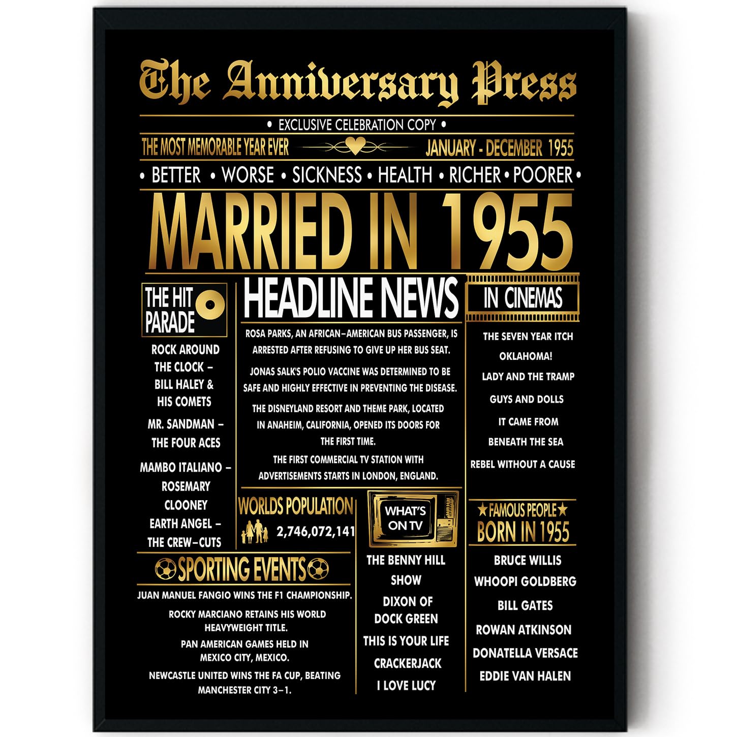Stuff4 Men's 1955 Gold 71St Anniversary Poster Framed - Golden Married In Newspaper - 71 Anniversary For Wo Retro Vintage Gifts Back In 8X10 Inch Bday Party Decor Decoration