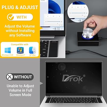 DROK USB Volume Control Knob - Computer Speaker External Volume Control with 1-Key Mute Function, Programmable, Compatible for PC/Mac/Android