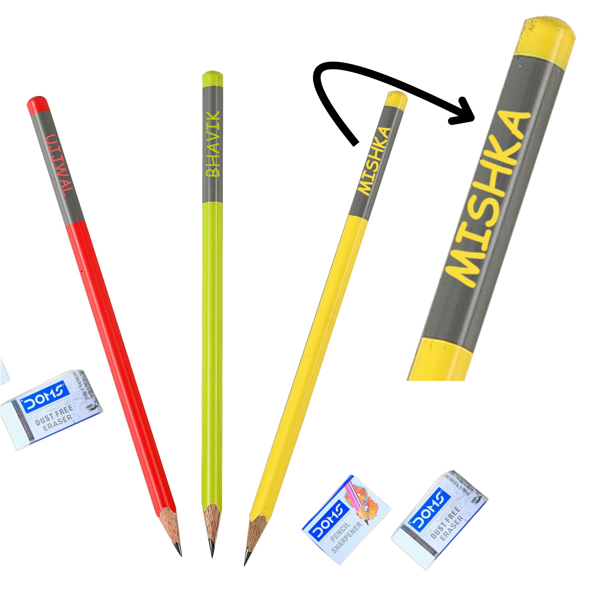 Personalised Name Pencils for Kids | High Quality Graphite Pencils | Customised Engraved Name Pencils | Return Gift for Kids Birthday | With Eraser & Sharpener (Pack of 10)