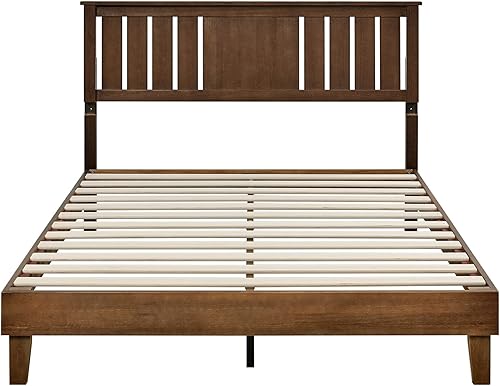 Miniatura 5 de MUSEHOMEINC Cama de plataforma de madera maciza tamaño King, marco de cama moderno de mediados de siglo con cabecera de altura ajustable, soporte de