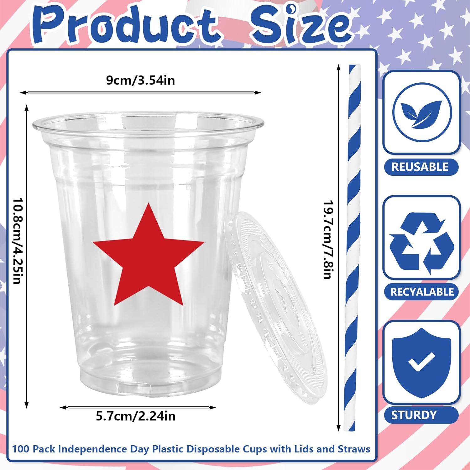 FYSUIMU 100Pcs Patriotic Disposable Cup with Straw Lid 12Oz Red Blue Star 4th of July Plastic Cup Independence Day Clear Glasses for Coffee Juice Beverage Drink Party Supplies